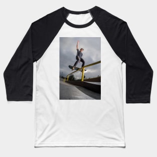 Skateboarder doing a board slide Baseball T-Shirt